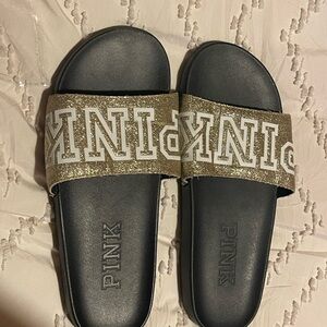 PINK Gold Glitter Slide Sandals